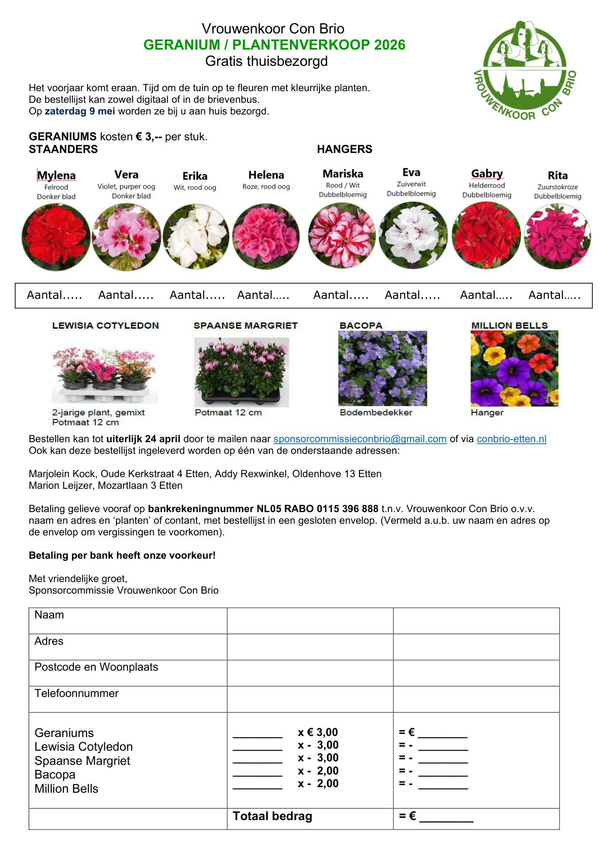 Geraniumactie 2026 bestelflyer met alle planten en prijzen